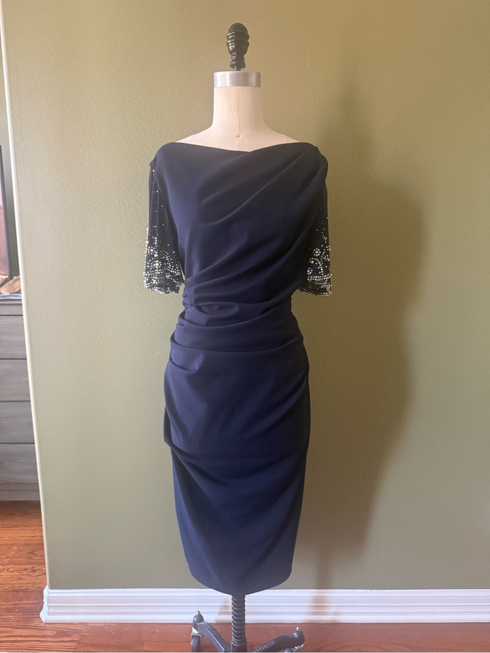 Betsy & Adam Navy Midi Dress with Beaded Elbow Sleeves